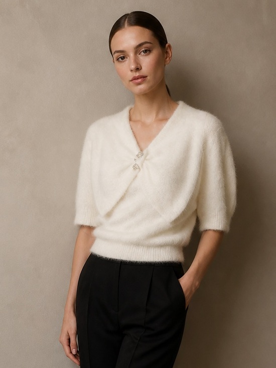 IB Diffusion Sweaters - I B DIFFUSION Angora Sweater Dolman Sleeve Ivory Beaded Bow Accent Vintage Top